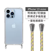 【Timo】iPhone 13 mini 5.4吋 專用 附釦環透明防摔手機保護殼(掛繩殼/背帶殼)+撞色棉繩 黃粉灰