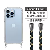 【Timo】iPhone 13 mini 5.4吋 專用 附釦環透明防摔手機保護殼(掛繩殼/背帶殼)+撞色棉繩 綠米黑