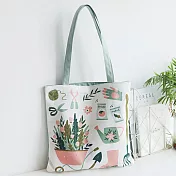 E.City_文青風印花帆布單肩購物提袋 花盆