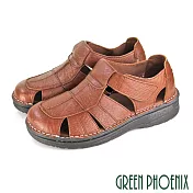 【GREEN PHOENIX】男 涼鞋 護趾 鏤空 手工 寬帶 全真皮 沾黏式 平底 台灣製 US6 咖啡色