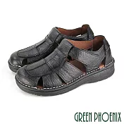 【GREEN PHOENIX】男 涼鞋 護趾 鏤空 手工 寬頻 全真皮 沾黏式 平底 臺灣製 US6 黑色