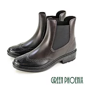 【GREEN PHOENIX】女 雨靴 短靴 切爾西 防水 英倫雕花 側鬆緊 EU38 深咖色