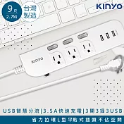 【KINYO】9呎2.7M 延長線3P3開3插3USB快充3.5A(CGU333-9)台灣製造‧新安規