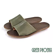 【GREEN PHOENIX】女 拖鞋 日系 寬版 全真皮 室內 室外 平底 臺灣製 EU36 綠色