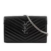 YSL MONOGRAM 魚子醬V紋牛皮銀字手拿/斜背包 (黑色)