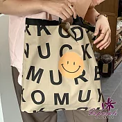 【iSPurple】大英文笑臉＊撞色大容量購物手提肩背帆布包  米