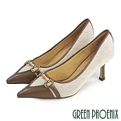 【GREEN PHOENIX】女 高跟鞋 細跟 金屬馬銜釦 羊皮 尖頭 OL通勤 上班 EU37 棕色