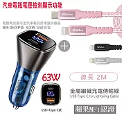 Wildex 63W 液晶顯示/雙孔車用充電器+金屬編織PD快充線/傳輸線(2M) 車充+快充線(粉色)