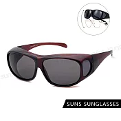 【SUNS】包覆式太陽眼鏡 抗UV400 可套近視眼/可單戴 PC防爆鏡片  酒紅框灰片