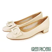 【GREEN PHOENIX】女 低跟鞋 粗跟鞋 便鞋 全真皮 方頭  OL通勤 上班 面試 EU37 米色