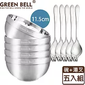 GREEN BELL綠貝 316不鏽鋼雙層隔熱碗叉組(11.5cm白金碗5入+316湯叉5入)