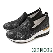 【GREEN PHOENIX】女 休閒鞋 懶人鞋 蜜蜂 水鑽 全真皮 厚底 EU35 黑色