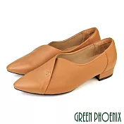 【GREEN PHOENIX】女 低跟鞋 素面 全真皮 尖頭 OL通勤 上班 面試 US8 卡其色