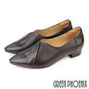 【GREEN PHOENIX】女 低跟鞋 素面 全真皮 尖頭 OL通勤 上班 面試 US8 黑色