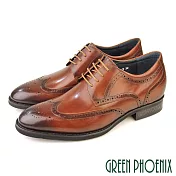 【GREEN PHOENIX】男 紳士皮鞋 商務皮鞋 輕量 巴洛克雕紋 小牛皮 內增高 綁帶 EU39 棕色