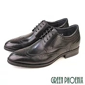 【GREEN PHOENIX】男 紳士皮鞋 商務皮鞋 輕量 巴洛克雕紋 小牛皮 內增高 綁帶 EU39 黑色