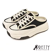 【Pretty】女 穆勒鞋 懶人鞋 包頭拖鞋 半拖鞋 休閒 帆布 奶油頭 綁帶 厚底 JP23 黑色