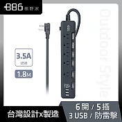 +886 [極野家] 6開5插3USB過載保護延長線1.8米-3.5A大輸出 三色任選 HPS1651 迷霧灰