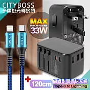 CITY萬用轉接頭急速充電器33W PD快充黑+勇固TypeC to Lightning 45W編織耐彎折快充線-藍120cm