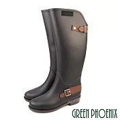 【GREEN PHOENIX】女 雨靴 雨鞋 長筒 霧面 撞色 皮帶飾釦 吸震 減壓 防水 EU36 黑色
