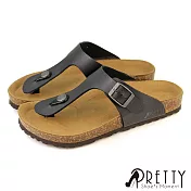 【Pretty】女 拖鞋 T字 夾腳 皮帶釦 平底 台灣製 EU36 黑色