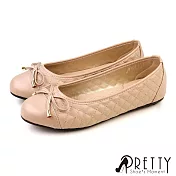 【Pretty】女 娃娃鞋 包鞋 便鞋 蝴蝶結 菱格紋 平底 台灣製 JP23.5 可可色