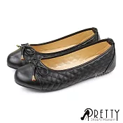 【Pretty】女 娃娃鞋 包鞋 便鞋 蝴蝶結 菱格紋 平底 台灣製 JP23.5 黑色