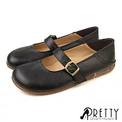 【Pretty】女 穆勒鞋 懶人鞋 休閒鞋 瑪莉珍 兩穿 後踩 前包 後空 沾黏式 皮帶釦 台灣製 JP25 黑色