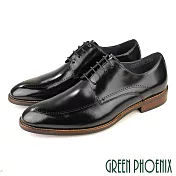 【GREEN PHOENIX】男 紳士皮鞋 商務皮鞋 德比鞋 雕花 油蠟牛皮 拉絲手染 EU42 黑色