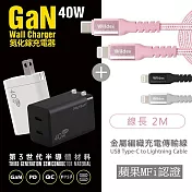 【Polybatt】40W氮化鎵 雙孔PD極速充電器(白色)+金屬編織PD快充線/傳輸線(2M) 閃耀黑