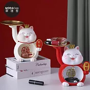 摩達客◉春節開運◉呆萌福氣頂託盤招財貓擺飾-糖果收納聚寶盆(紅色款)
