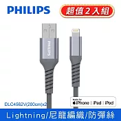 (2入組)PHILIPS飛利浦防彈絲 MFI Lightning編織充電線200CM  DLC4562V 灰