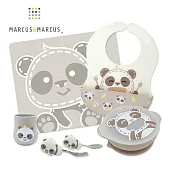 【MARCUS＆MARCUS】幼兒學習餐具豪華5件組-貓熊款(圍兜+手握叉匙+吸盤碗含蓋+訓練杯+餐墊)
