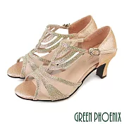 【GREEN PHOENIX】女 專業標準舞鞋 探戈 華爾滋 拉丁舞鞋 國標舞鞋 透膚 水鑽 真皮底 JP22.5 金色67