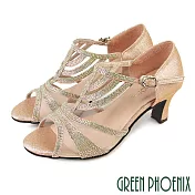 【GREEN PHOENIX】女 專業標準舞鞋 探戈 華爾滋 拉丁舞鞋 國標舞鞋 透膚 水鑽 真皮底 69 金色