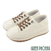 【GREEN PHOENIX】女 休閒鞋 懶人鞋 全真皮 厚底 兩穿式 直套式 彈性鞋帶 EU36 米色