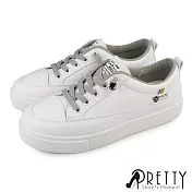 【Pretty】女 休閒鞋 小白鞋 素面 彈性鞋帶 鬆緊帶 免綁帶 平底 EU36 灰色