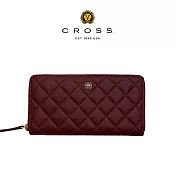 【CROSS】台灣總經銷 限量1折 頂級小牛皮菱格紋拉鍊長夾 全新專櫃展示品 (酒紅色 贈禮盒提袋)