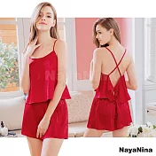 【Naya Nina】法式艷紅緞面交叉美背細肩短褲套裝居家服睡衣 FREE 紅