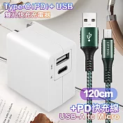 TOPCOM Type-C(PD)+USB雙孔快充充電器+CITY勇固Micro USB編織快充線-120cm-綠 綠色