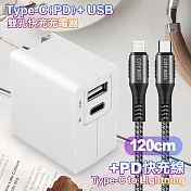TOPCOM Type-C(PD)+USB雙孔快充充電器+CITY勇固Type-C to Lightning(iPhone)編織快充線-120cm-銀 銀色