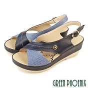 【GREEN PHOENIX】女 涼鞋 交叉 金屬釦 全真皮 厚底 楔型 台灣製 JP23.5 藍色