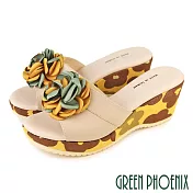 【GREEN PHOENIX】女 拖鞋 玫瑰 全真皮 輕量 厚底 楔型 台灣製 JP23 卡其色