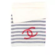 CHANEL Logo 紅藍條紋莫代爾棉及羊毛混絲圍巾/披肩 (白色)