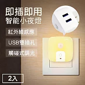 TheLife嚴選 雙USB供電孔紅外線感應燈小夜燈2入-插頭式 黃光