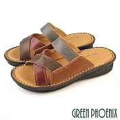 【GREEN PHOENIX】女 拖鞋 交叉 拼接 吸震 減壓 全真皮 小坡跟 厚底 台灣製 EU39 棕色