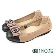 【GREEN PHOENIX】女 娃娃鞋 便鞋 鑽 蝴蝶結 撞色 全真皮 方頭 平底 OL通勤 上班 臺灣製 67 芋色
