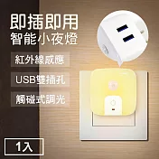 TheLife嚴選 雙USB供電孔紅外線感應燈小夜燈-插頭式 黃光