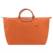 LONGCHAMP LE PLIAGE GREEN系列刺繡短把再生尼龍摺疊旅行袋(小) 胡蘿蔔橘