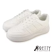 【Pretty】女 休閒鞋 板鞋 小白鞋 運動風 條紋 綁帶 厚底 JP23 白色